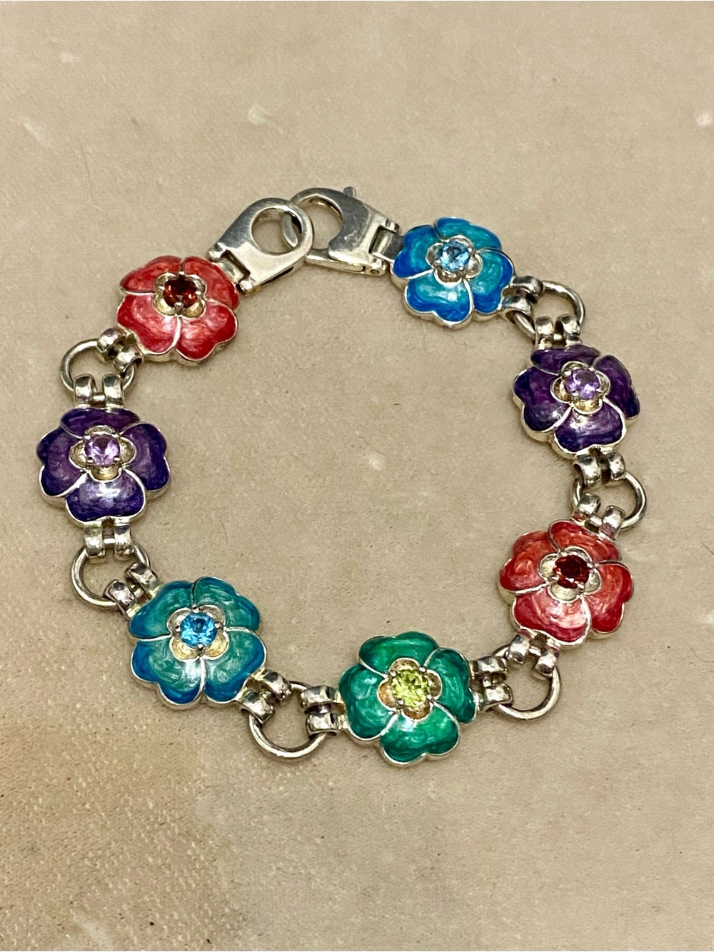 Sterling Silver Enamel Flower Gemstone Bracelet 925 Thailand